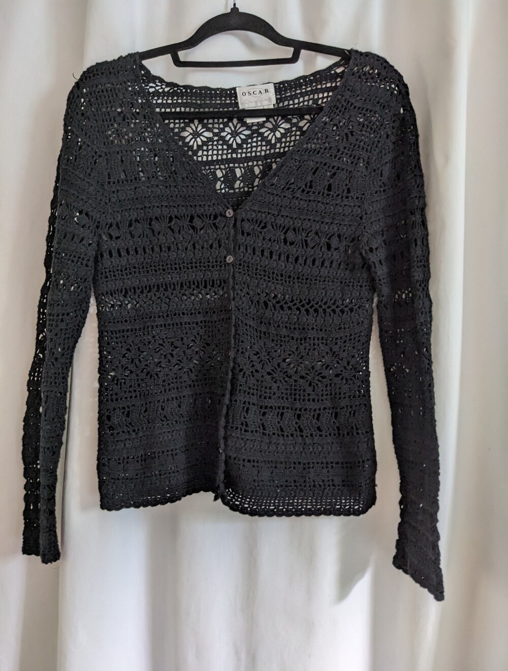 Oscar de la Renta Cardigan Sweater M Black Open Knit Crochet